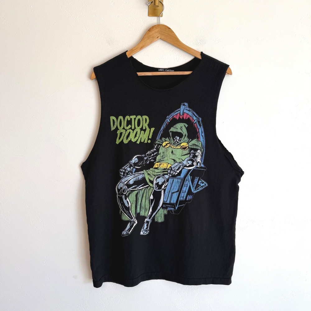Doctor Doom Cut Off Tee Black Marvel Comic Graphic Muscle Grunge Streetwear L